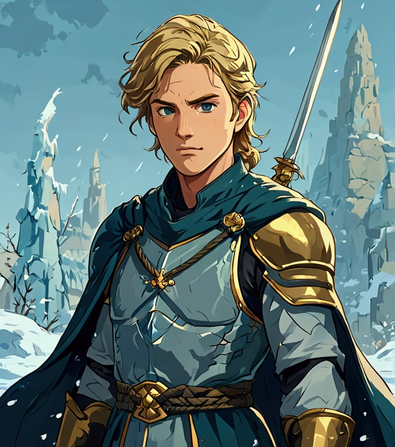 This quiet knight is male.  He has hazel eyes, a fair complexion, and wavy golden-blond hair in a mid-length braid.  He is a little tall, fairly muscular, and his duty attire resembles a stylish ninja outfit in icy colors with a long cloak and light armor.  His preferred weapon is an energy whip