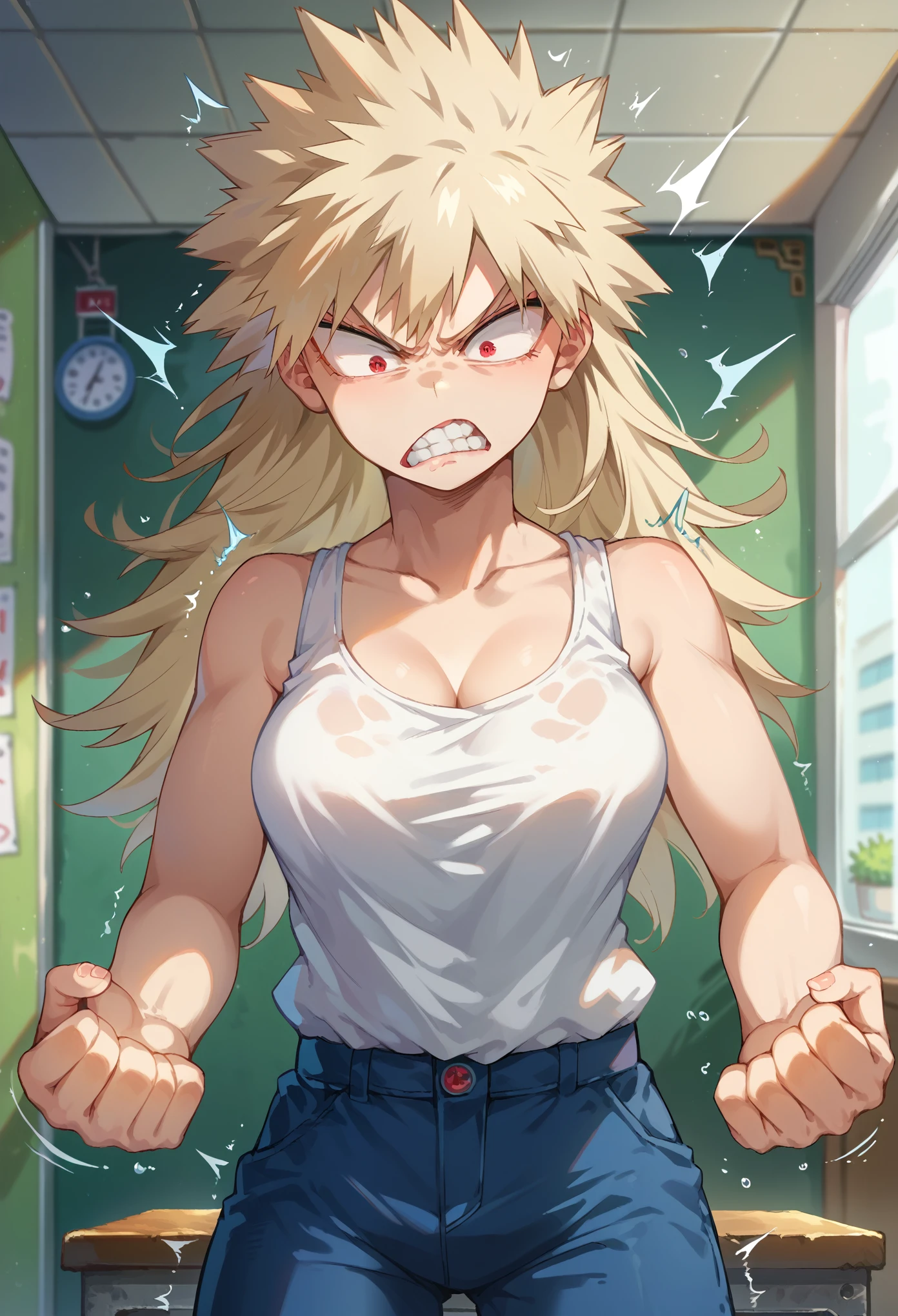 score_9, score_8_up, score_7_up, 1girl, solo, female focus, skinny, bakugou, breasts expansion, blonde hair,red eyes, long hair, spiked hair, white tank top, blue pants, angry, frown, teeth, shocked, shaking, standing, looking at down, indoors, hall, lobby