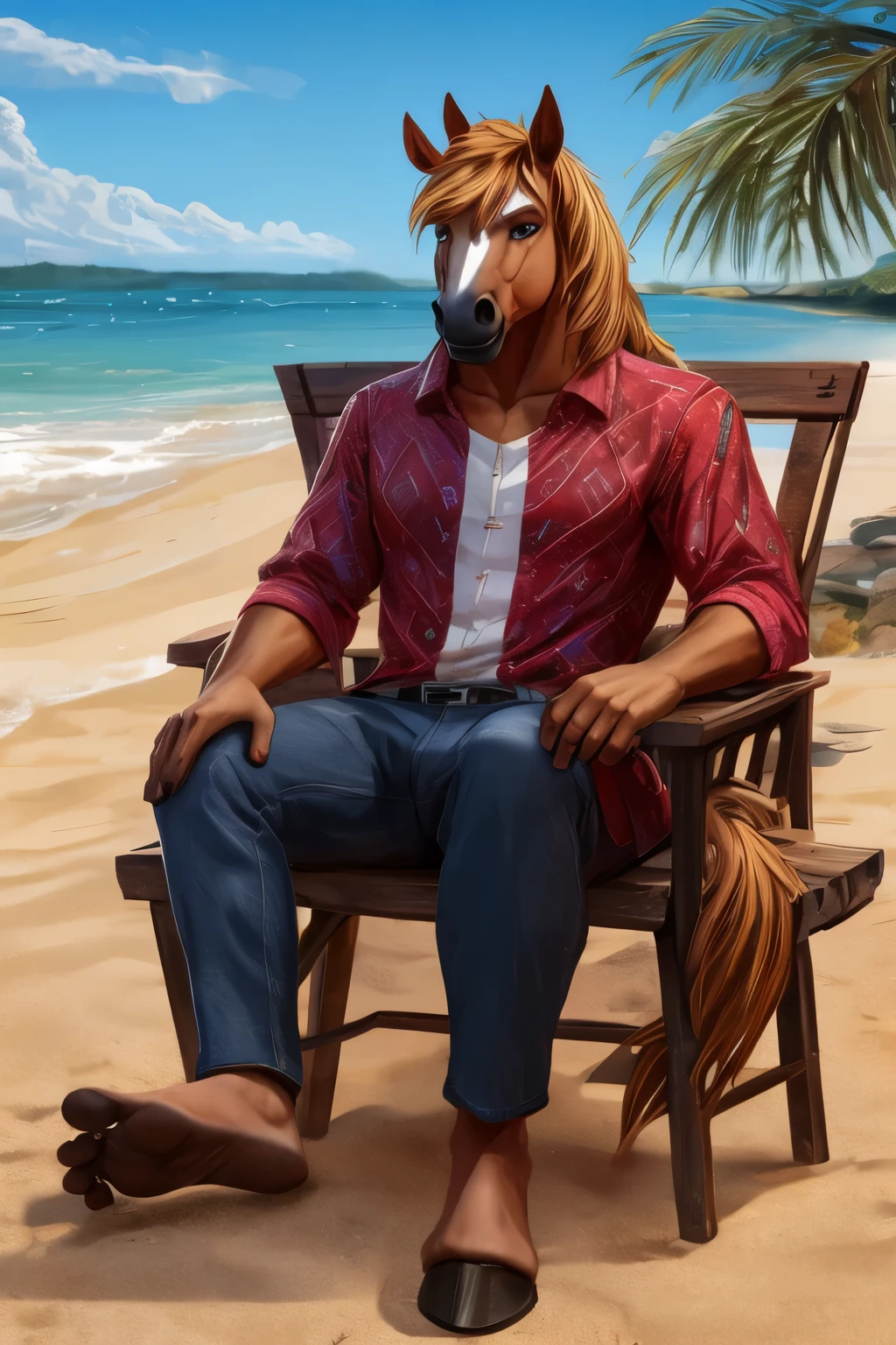 Furry, Antro, Horse Yelow, Fundoshi bulto, Fundoshi White, Solo, Bulto Male, Hooves ,Detallado, cuerpo completo, cuerpo furry, Beach , playa