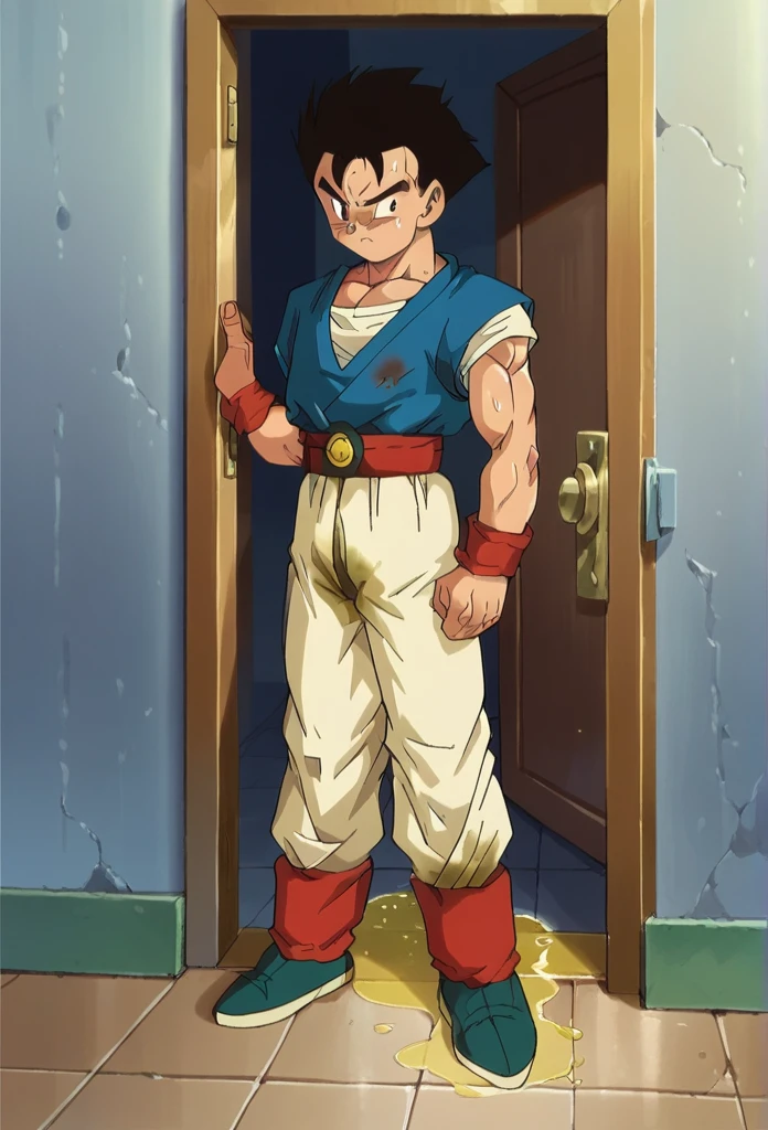 20 years old slender and mascular, son Gohan, wearing blue short trousers, civilian costume, He is peeing himself in front of a door. He couldn't hold his pee. There is a large pee wet spot on his crotch. Pee stain on his pants. Pee wet spot on his crotch. He is ashamed of peeing himself.