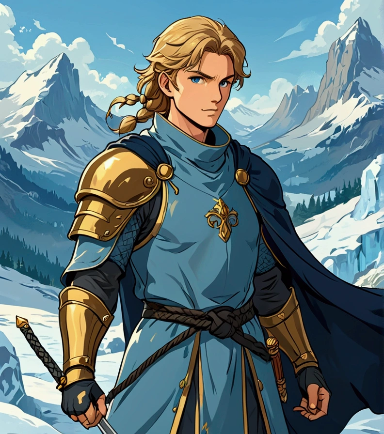 This quiet knight is male.  He has hazel eyes, a fair complexion, and wavy golden-blond hair in a mid-length braid.  He is a little tall, fairly muscular, and his duty attire resembles a stylish ninja outfit in icy colors with a long cloak and light armor.  His preferred weapon is an energy whip