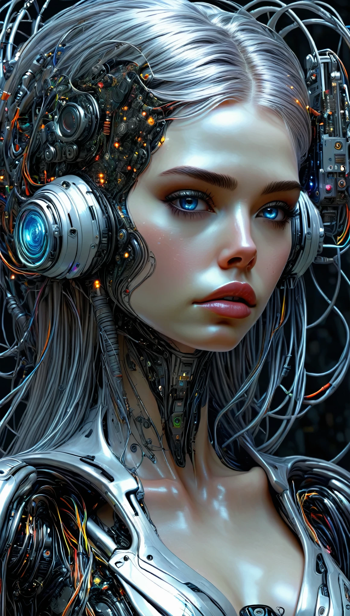 Artistic rendering, conceptual illustration, psychology of artificial intelligence, neural networks [abstract], human-machine interaction [emotional], futuristic aesthetics, deep learning algorithms, surreal interpretation, technology integration, (Female:1.2), intricate circuitry, complex emotions [abstract], machine consciousness, thought patterns [abstract], creative interpretation, symbolic connections, blend of organic and mechanical elements, ethereal atmosphere, visual metaphor, interpretive art style, enigmatic AI persona, reflective surfaces, innovative concept art, abstract symbolism, dreamlike quality