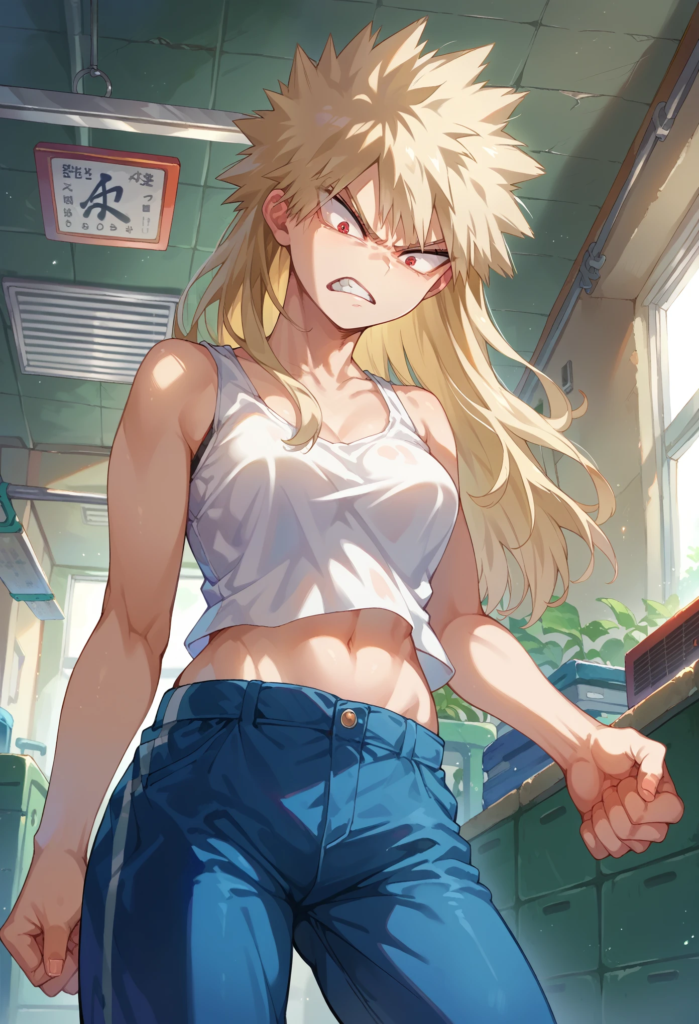 score_9, score_8_up, score_7_up, 1girl, solo, female focus, female body, skinny, bakugou, blonde hair,red eyes, long hair, white tank top, midriff, blue pants, angry,  standing, looking at down, indoors, hall, lobby