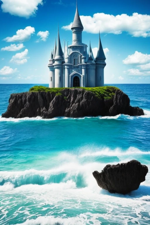 Abstract art, ( Surrealism ) a Surreal scene a foam world, white foam foam, a black melting castle, surrounded by ocean foam, 