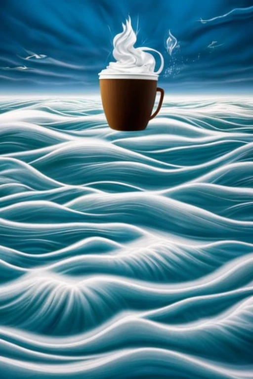 Abstract art, ( Surrealism ) a Surreal scene a foam world, white coffee foam, foam tsunami, surrounded with silhouettes of coffee cups, ocean foam, 