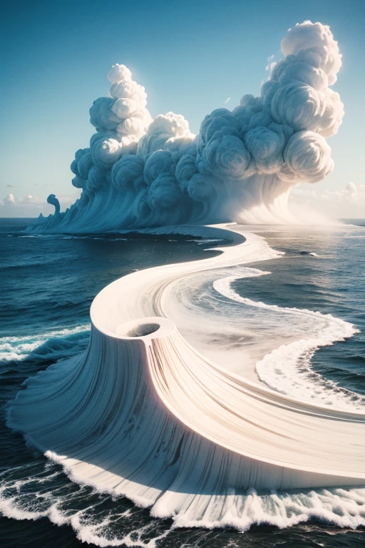 Abstract art, ( Surrealism ) a Surreal scene a foam world, white coffee foam, foam tsunami, surrounded with silhouettes of coffee cups, ocean foam, 