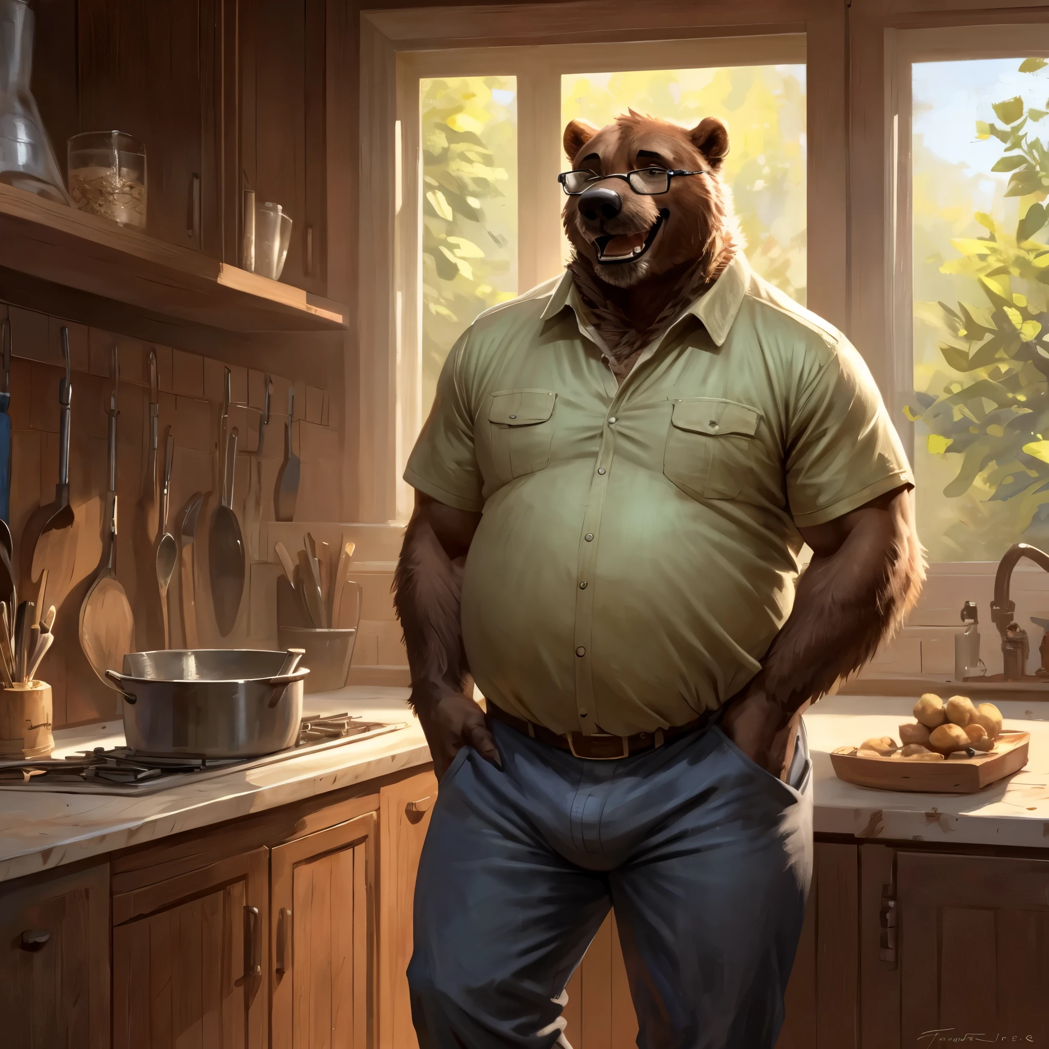 Grizzly Bear, Male, Solo, blue button up, khaki trousers, tight bulge, claws, fur, Wearing eye glasses, kitchen background, wide hips, Looking at viewer, Dad bod, old, facial hair, (Photorealistic, Realistic shadows, depth of field, Wide Dynamic Field, Dark Shadows, HDR, Low Light: 1.2, Full Body Shot), (by null-ghost, by Chunie, by darkgem)