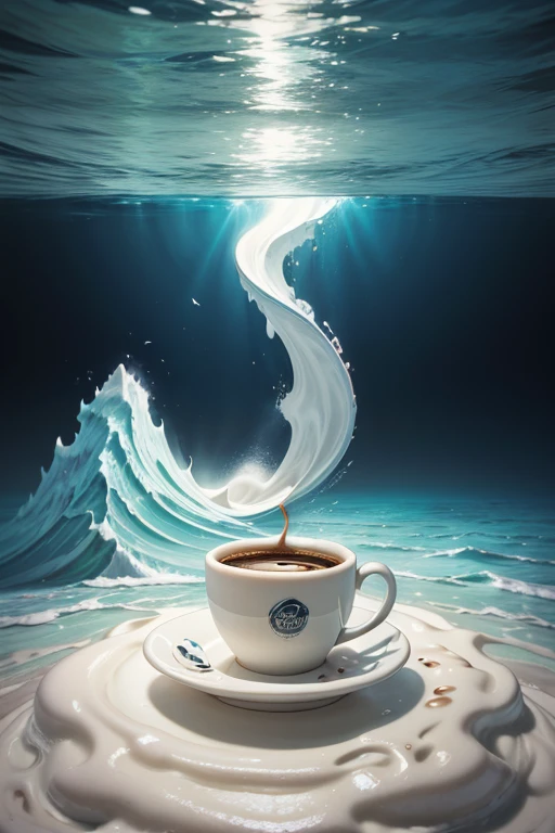 Abstract art, ( Surrealism ) a Surreal scene a foam world, white coffee foam, foam tsunami, surrounded with silhouettes of coffee cups, ocean foam, 