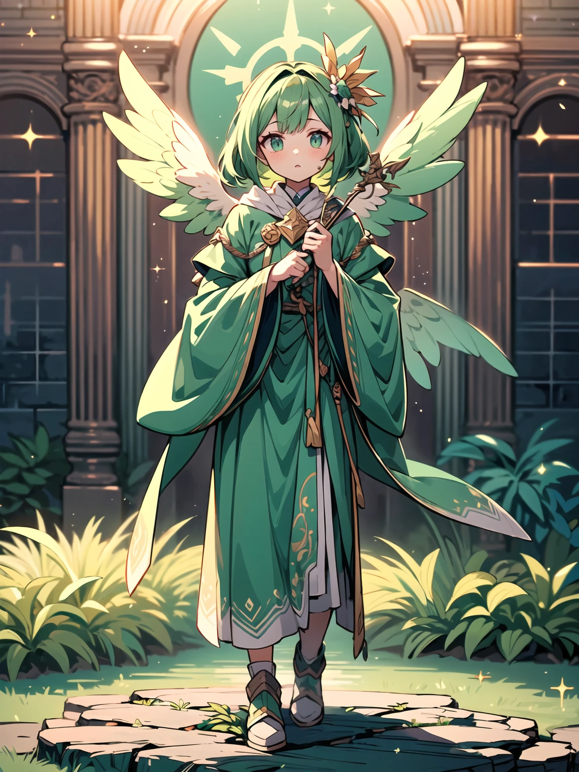 (((masterpiece, best quality, high detailed, 16k))) (1girl) A nurturing angel with soft green hair and gentle eyes, dressed in light, flowing green robes adorned with celestial symbols. Her wings glow with a soft, healing light, and she holds a staff that glows with emerald energy. Around her, plants bloom and life flourishes as she brings her healing powers to the world. ((full body)), ((extremely detailed)).