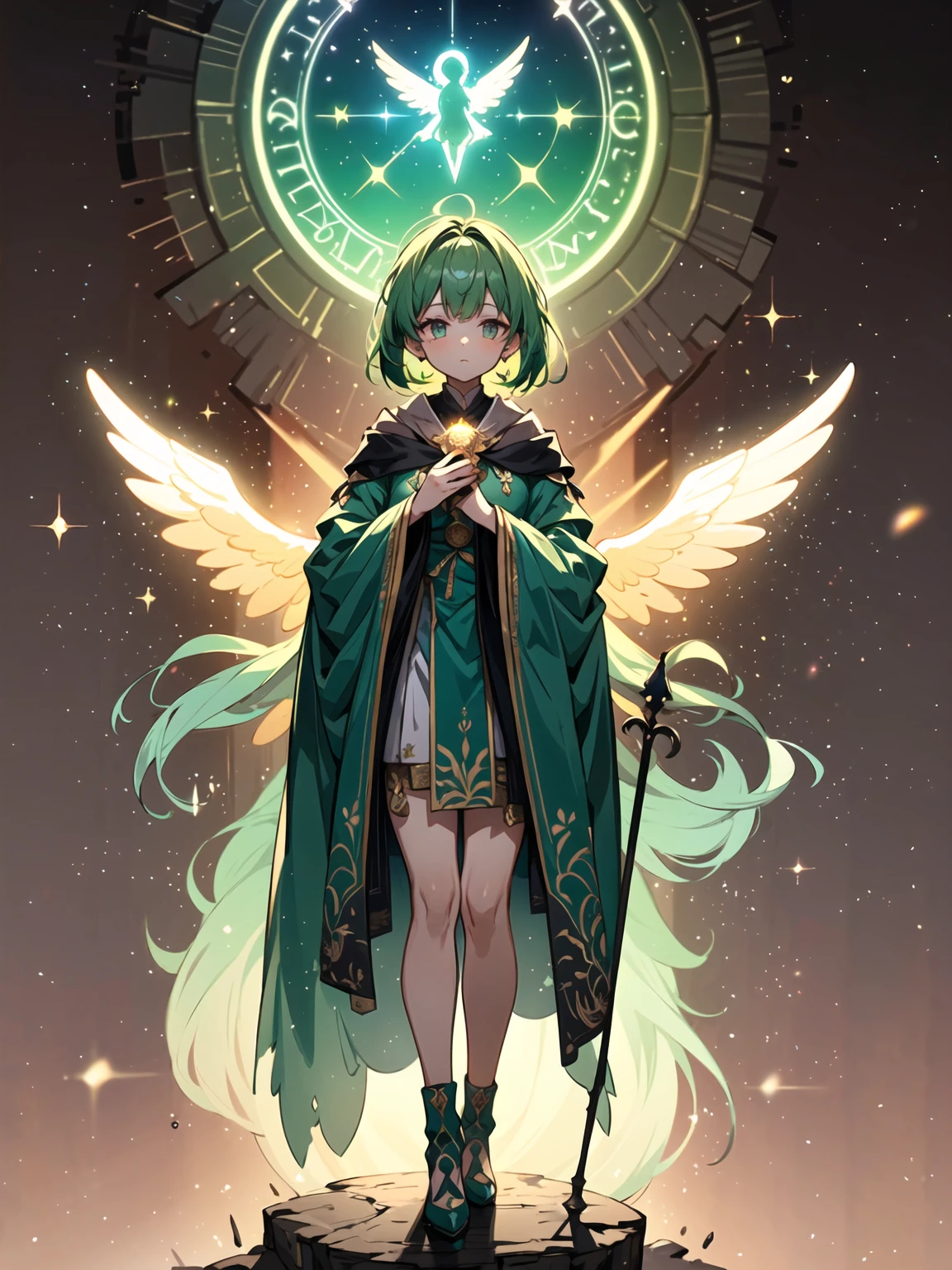 (((masterpiece, best quality, high detailed, 16k))) (1girl) A nurturing angel with soft green hair and gentle eyes, dressed in light, flowing green robes adorned with celestial symbols. Her wings glow with a soft, healing light, and she holds a staff that glows with emerald energy. Around her, plants bloom and life flourishes as she brings her healing powers to the world. ((full body)), ((extremely detailed)).