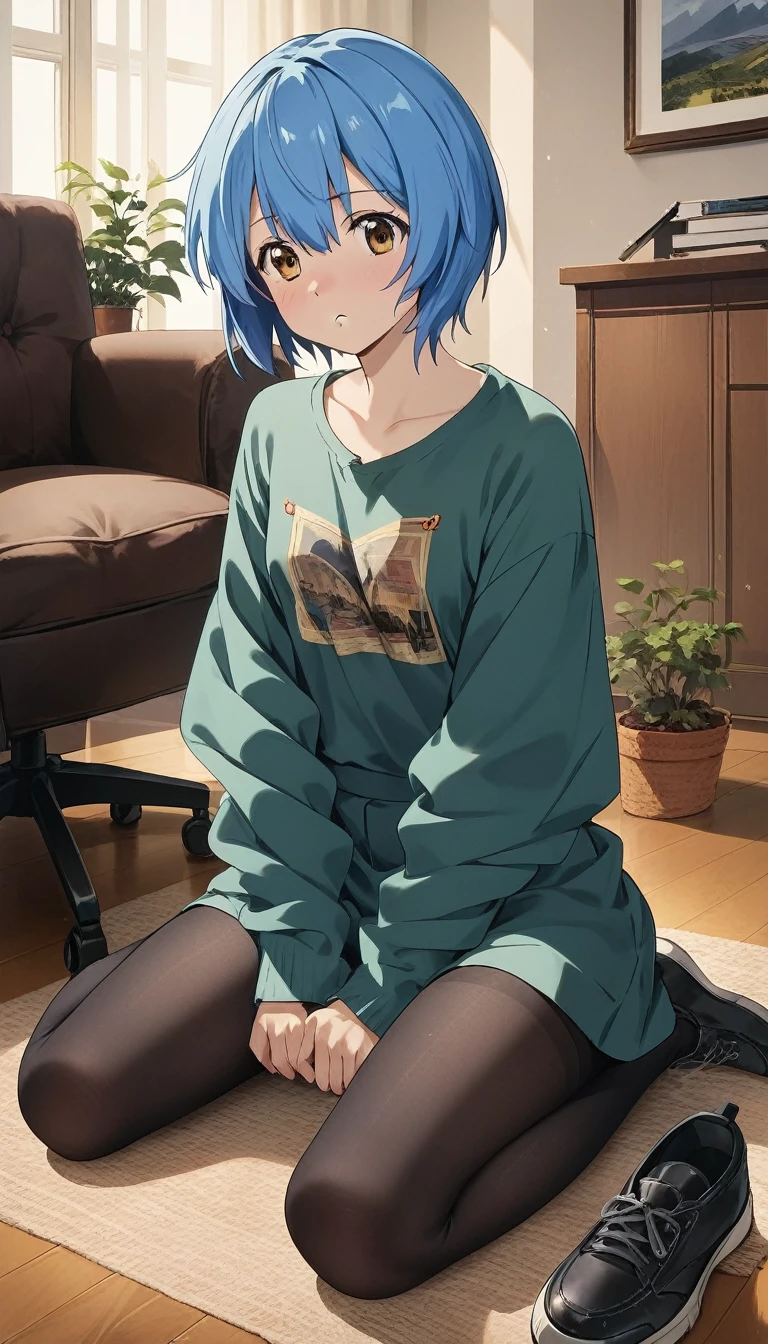 anime girl with blue hair sitting on living room floor, High Resolution Commission, Ross Tran style, 2d art, 2d art, extremely detailed artgerm, OK commission, rei ayanami, from surveillance, Lois van Baerle and Rossdraus, artgerm style, Loisch |, Short blue haired woman, ayanami