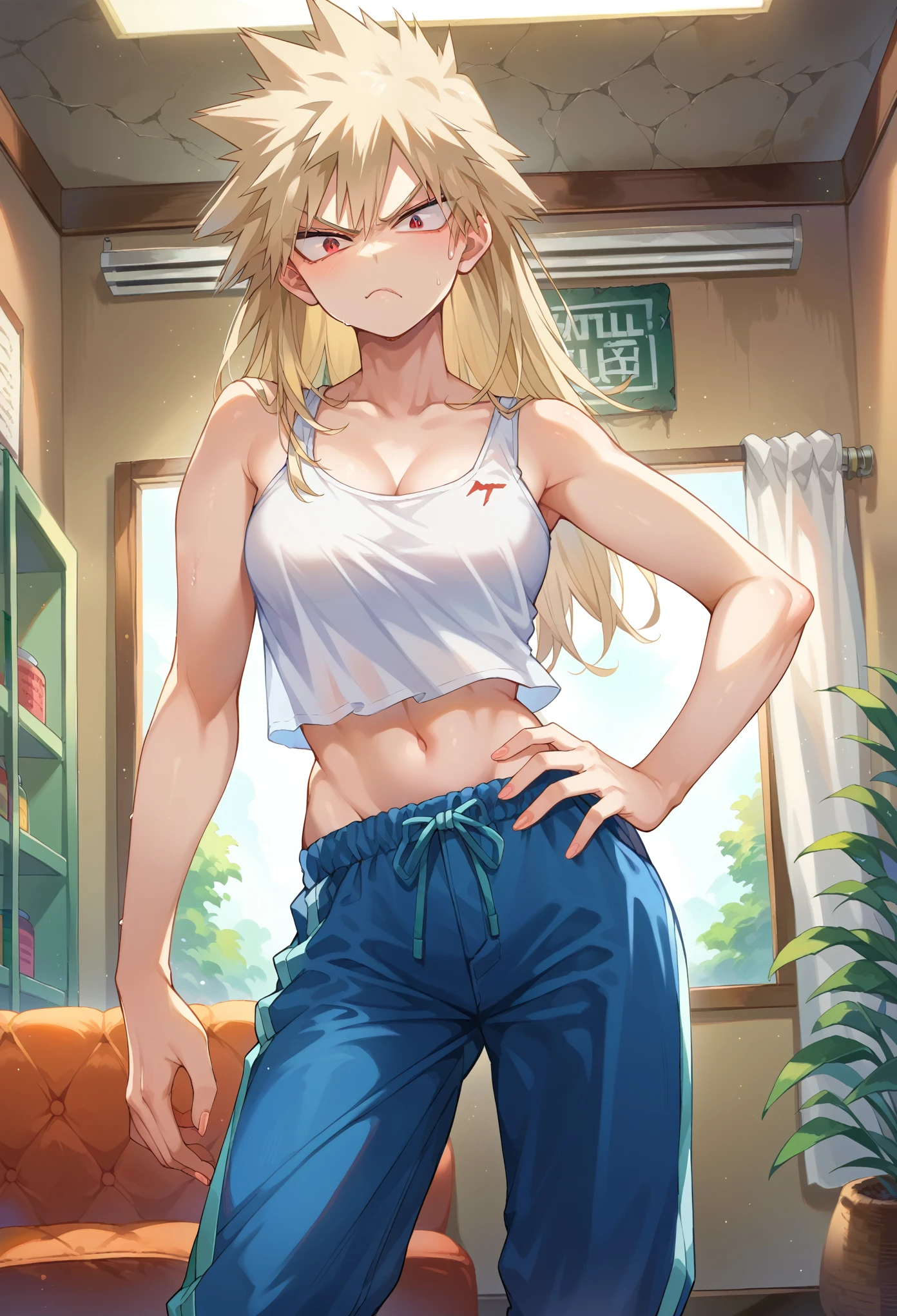 score_9, score_8_up, score_7_up, 1girl, solo, female focus, female body, skinny, bakugou, blonde hair,red eyes, long hair, white tank top, oversized tank top, midriff, blue pants, angry, hand on hip, posing, standing, looking at you, indoors, hall, lobby