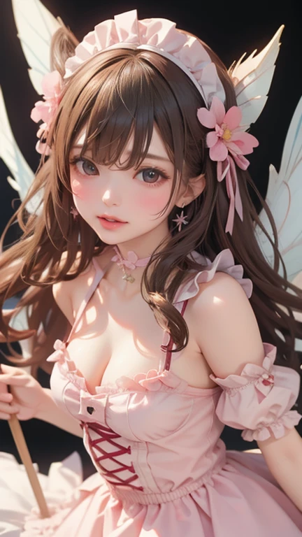 (masterpiece, Highest quality:1.3), (Very detailed:1.2), (hyperRealistic:1.3), (RAW Photos:1.2), High resolution raw color photos, Professional photos, (PhotoRealistic:1.4), (Realistic:1.4), (Pink Hair:1.5), Professional Lighting, Perfect Anatomy, (Big Breasts:1.2), (blush, Detailed face), (smile:1.7), sexy, erotic sexy, ランダムなsexyなグラビアポーズ, (An angel in a white gold off-the-shoulder sundress、so beautiful、Wearing a flower crown and smiling gracefully in a flower field in full bloom、Pearl Earrings、Pose picking flowers。:1.3)、Archangel Raphael、It has a large white feather on its back..、She looks like an angel.、Taking the form of an archangel、holding a pink rose in hand