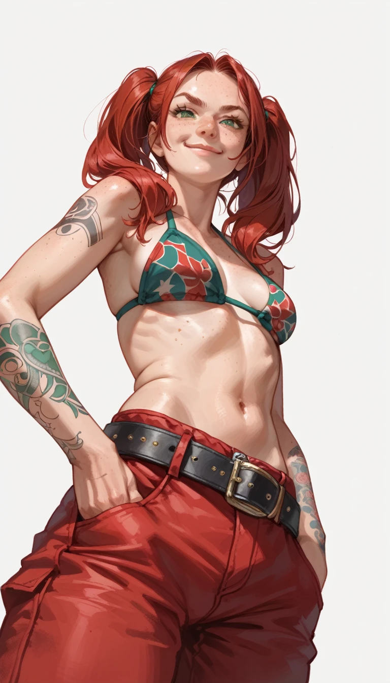 score_9, score_8_up, score_7_up, 1girl, green eyes, closed mouth, smirk, freckles, looking at viewer, red hair, smooth hair, twintails, bikini top, red pants, belt, hands in pockets, arm tattoo, pose, simple background, from below, (cartoon style)