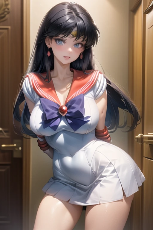 1 girl, (sailor mars)+, :D, blows, black hair, Blue eyes, blush, breasts, cleavage, clavicle, avergonzaDo, nails, aDorno para el cabello, miranDo al espectaDor, Open mouth, parted lips, falDa colegiala color gris ,piernas cruzaDas , upskirt, tanga De encaje color blanco, meDias hasta la roDilla