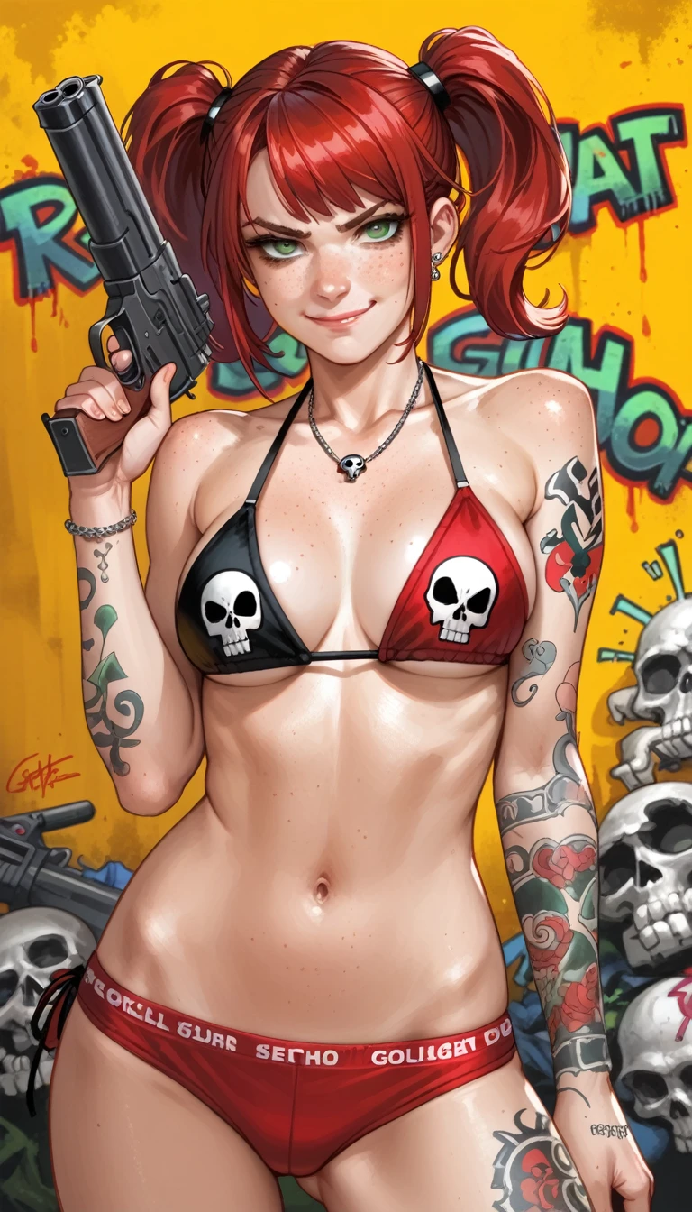 score_9, score_8_up, score_7_up, 1girl, green eyes, closed mouth, smirk, freckles, looking at viewer, red hair, smooth hair, twintails, bikini top, red panties, skull print, arm tattoo, pose holding a gun, finger on trigger, grunge background, graffiti ink and splashe, (cartoon style)