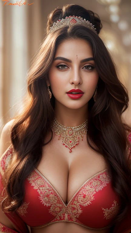 ((Full Open )) perfect pink eyes, fantastic face, Indian, beautiful look, ((red lips, bright eyes, curve heir 1.5)), ((beautiful details very big breast )), (Straight round and ultra huge clevage, not sagging breast), A glorious gorgeous, glorious gorgeous face, pretty face, bright eyes, detailed elegant printed red saree, updo elegant hair, blurred gray tones background, ultra focus, face ilumined, face detailed, 8k resolution, painted, dry brush, brush strokes, razumov style and garmash style, by Tokaito, sexy long hair erotic looks princess like hair beautyful women 