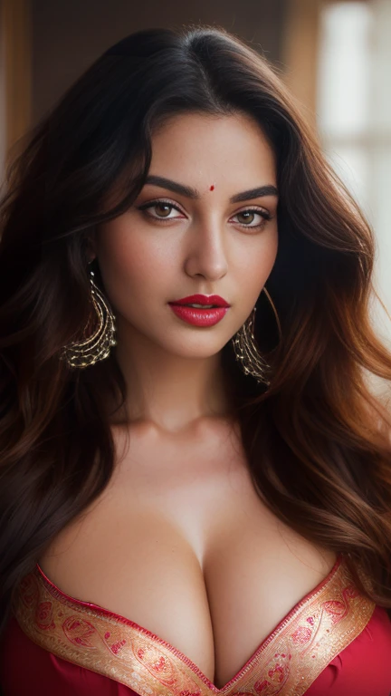 ((Full Open )) perfect pink eyes, fantastic face, Indian, beautiful look, ((red lips, bright eyes, curve heir 1.5)), ((beautiful details very big breast )), (Straight round and ultra huge clevage, not sagging breast), A glorious gorgeous, glorious gorgeous face, pretty face, bright eyes, detailed elegant printed red saree, updo elegant hair, blurred gray tones background, ultra focus, face ilumined, face detailed, 8k resolution, painted, dry brush, brush strokes, razumov style and garmash style, by Tokaito, sexy long hair erotic looks princess like hair beautyful women , sexy face mascara red lips sexy hair style 