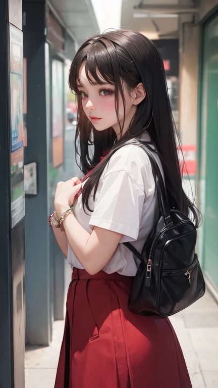 (fidelity:1.55),tmasterpiece,best qualtiy,A detailed,femele,in city street,femele,tfg1,Pink school uniform,black lence stockings,Stick out your tongue