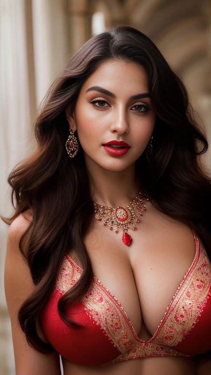 ((Full Open )) perfect pink eyes, fantastic face, Indian, beautiful look, ((red lips, bright eyes, curve heir 1.5)), ((beautiful details very big breast )), (Straight round and ultra huge clevage, not sagging breast), A glorious gorgeous, glorious gorgeous face, pretty face, bright eyes, detailed elegant printed red saree, updo elegant hair, blurred gray tones background, ultra focus, face illuminated, face detailed, 8k resolution, painted, dry brush, brush strokes, razumov style and garmash style, sexy long hair erotic looks princess like hair beautyful women , sexy face mascara red lips sexy hair style full body front face nipples show 