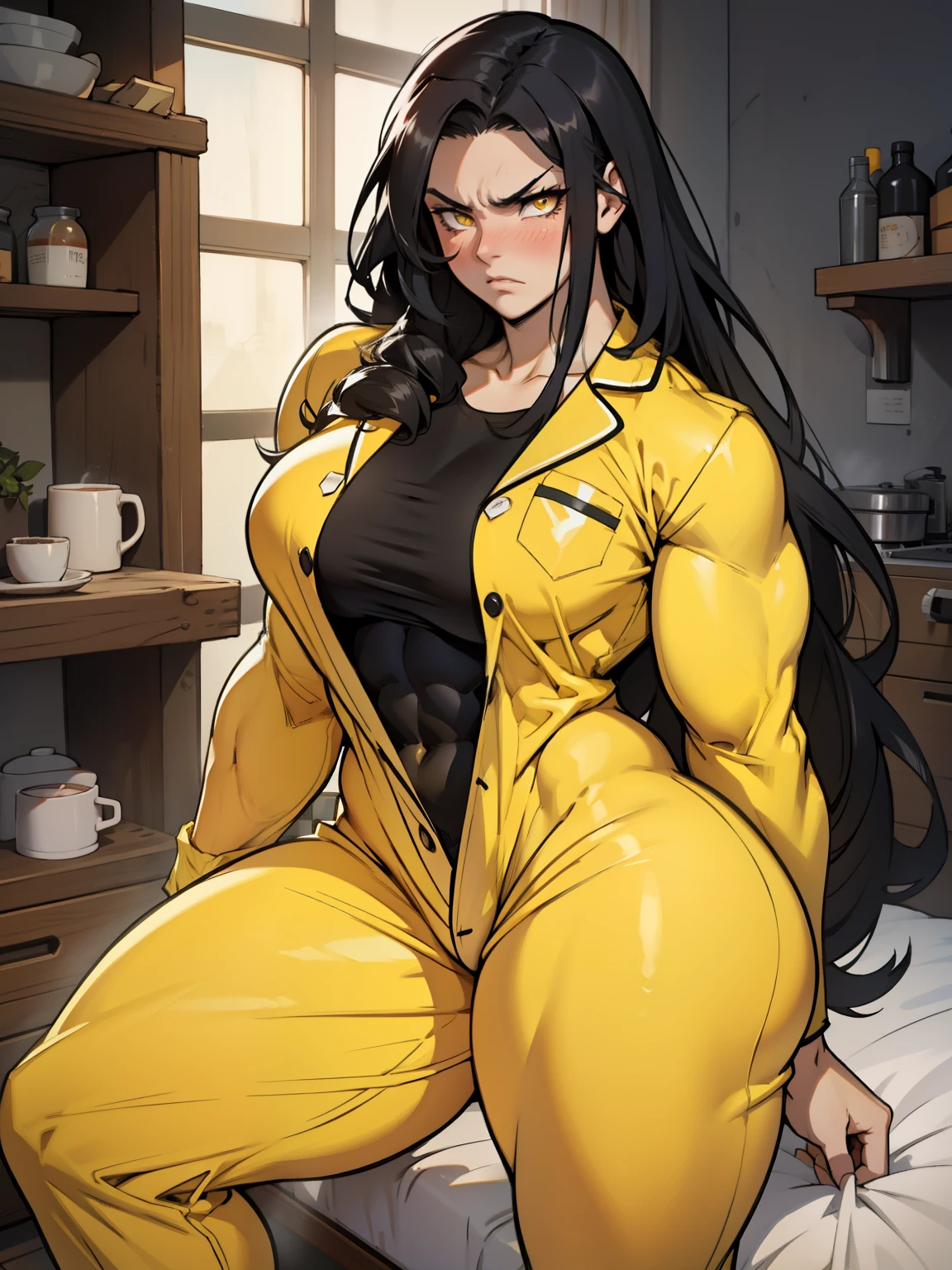 1girl solo black hair yellow eyes very long hair pale skin muscular muscular muscular muscular toned body huge muscles thick thighs girl angry blushing onesie thick thick thick thick