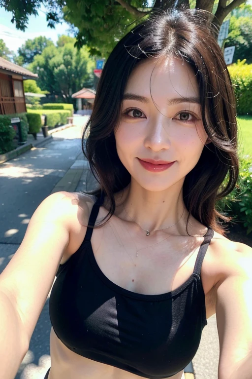 A Japanese woman with an old-fashioned face and a gentle smile。25 years old。The background is a gym。doing arm curls。Natural light。The skin color of the face and body is white。The face is home base type、A little gills。wide face。The hairstyle is semi-long and straight to the shoulders.。Part your hair slightly on the right side。Hair color is dark brown, almost black。hair is wet。Sweaty skin。The body is a little stocky。arm、Shoulder muscles are well developed。broad shoulders。The neck is long。Eyes and eyebrows are parallel。My eyes are double deep、double width is narrow。eyes are lowered。The corners of the eyes are raised。Black eyes are small。