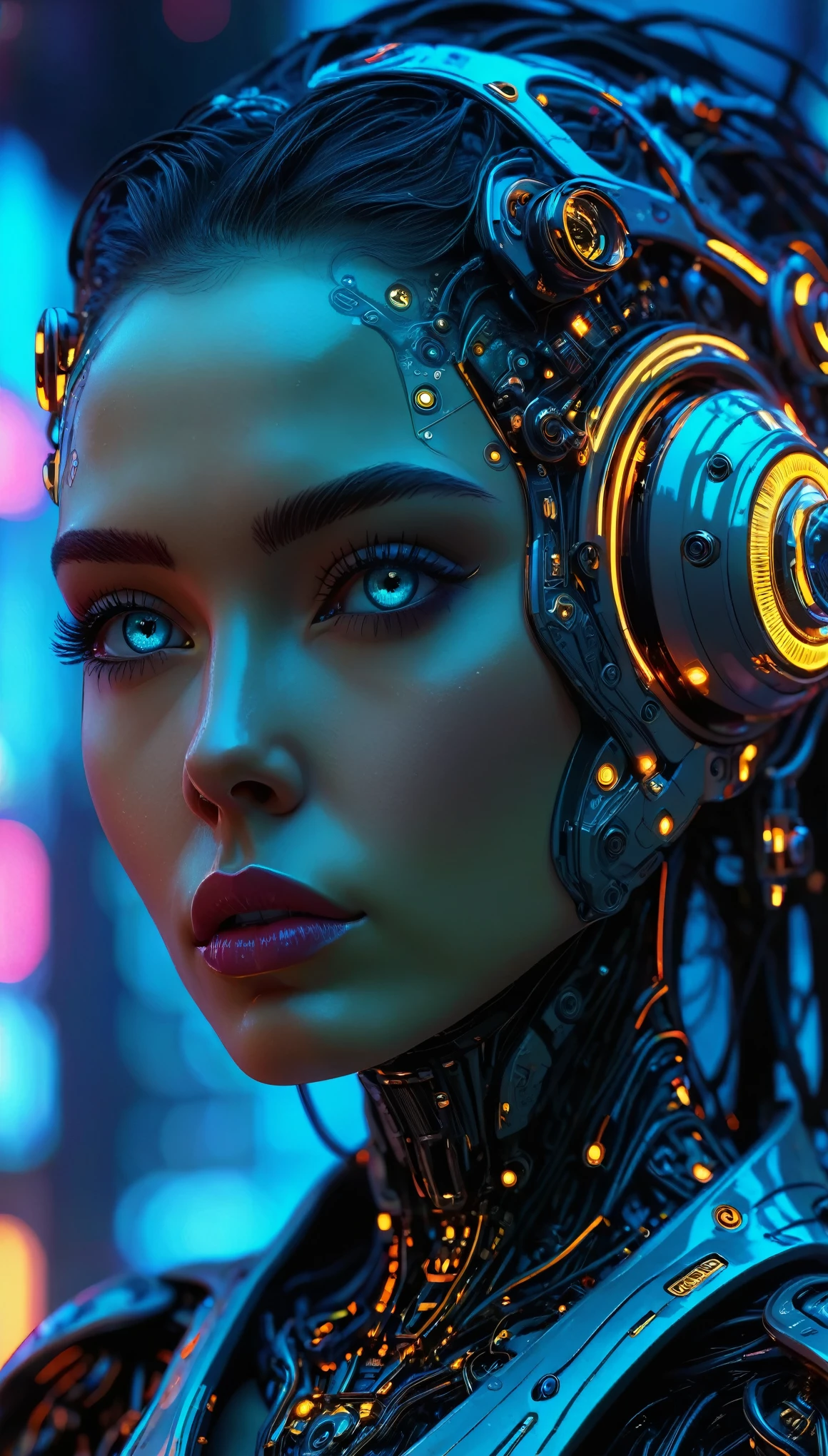 cuerpo entero, plano general:1.5, a cyborg woman, beautiful detailed eyes, beautiful detailed lips, extremely detailed face and skin, long eyelashes, futuristic cybernetic implants, glowing energy effects, intricate mechanical details, neon lights, dark sci-fi atmosphere, cinematic lighting, digital art, muted color palette, dramatic shadows, photorealistic, 8k, highest quality, masterpiece