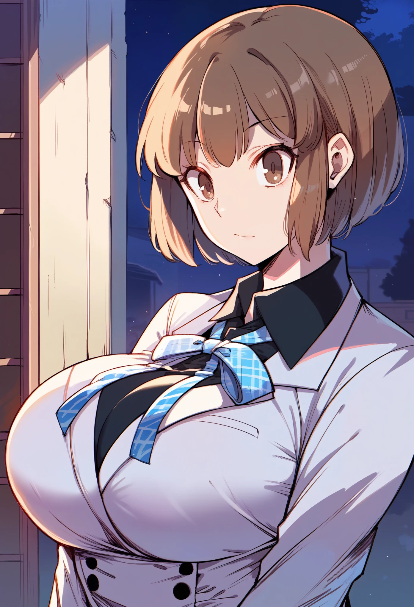 source anime,iodesu2,school uniforms,short hair,brown hair, brown eyes, school uniform, ribbon, collared shirt, black skirt,(large breasts:1.4),clothed,Clothed Big Tits,Good growth,Healthy Body,full bust,busty,(Beautifully shaped breasts:1.1) ,(round breasts),((slender)),toned ,(Skinny Body:1.4),((perfect body)),(breast focus),indoors,bedroom,random situation,night,outdoors,(breast focus),(breast close-up),(Arms folded under chest),(Lift the chest)