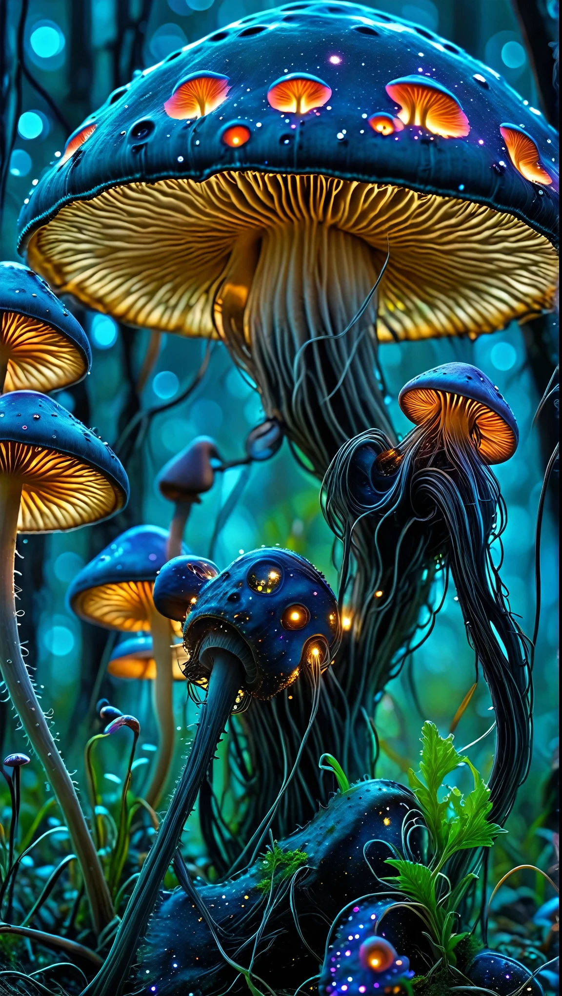 The best quality,4k,8K,highres,masterpiece:1.2,ultra detailed,realistic:1.37,HDR-10,Ultra High Definition,Studio lighting,Ultra-fine painting,sharp focus,Physically rendered,description of extreme details,professional,foreign,creature from outer space,organic exoskeleton,biological exoskeleton,foreign flora,bioluminescent mushrooms,bright colors,bokeh,portraits,landscape,horror,animated,Science fiction,photograph,Conceptual artists,bright and vibrant colors,dream lighting