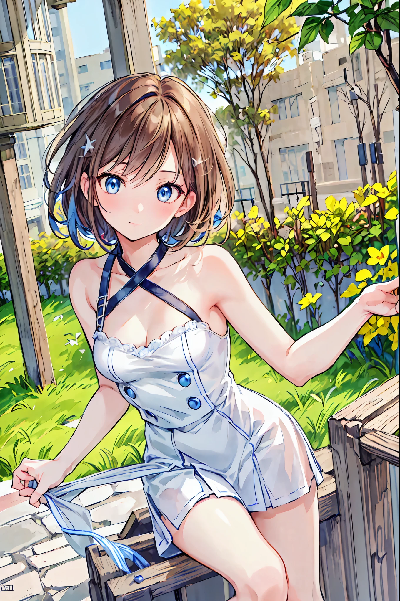 Brown Hair,Shortcuts,Messy Hair,Short braided hair,Neat,Slender beauty,Hall々A positive attitude,Small breasts,Beautiful legs,Her mesmerizing grey-blue eyes shine like stars,Vibrant colors,Beautiful Eyes,A delicate smile,Textured Skin,Best Qualityが最高に,A kind and beautiful woman,Anime Style、break (masterpiece:1.2), Best Quality, High resolution, Unity 8K Wallpapers, (shape:0.8), (Beautiful attention to detail:1.6), Highly detailed face, perfect lighting, Extremely detailed CG, (Perfect hands, Perfect Anatomy),