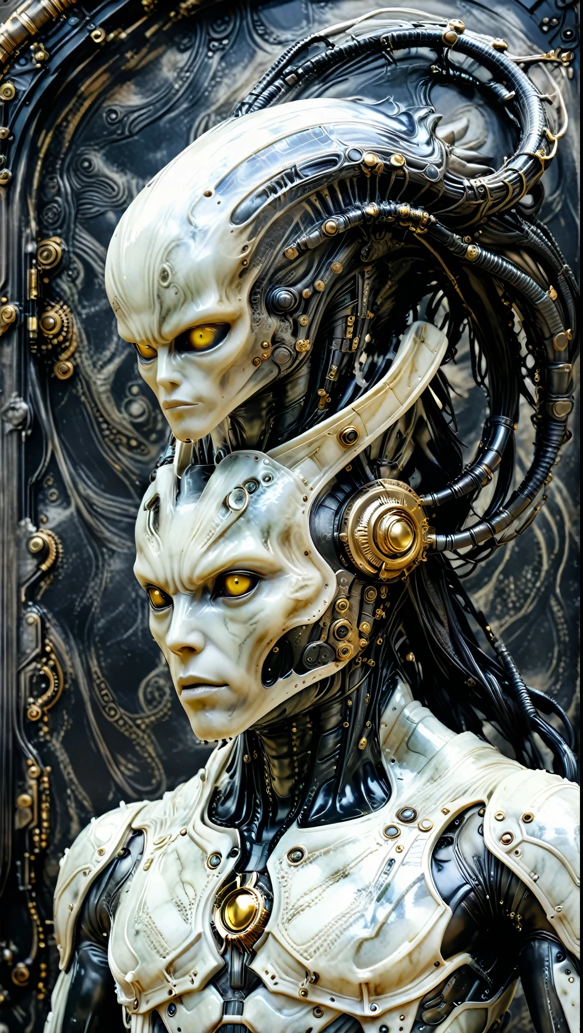 engineer Prometheus,alien xenomorph,Highly detailed,long symmetrical head,smooth marble surfaces,Detailed ink illustration,metal gear raiden,smooth cinematic stone,deep aesthetics,conceptual art,post process,4k,carved in marble and silk fabric,latex skin,Highly ornate and intricate details,Prometheus,devil,changing lighting,HR Geiger,Hayao Miyazaki,steampunk industrial teslapunkai