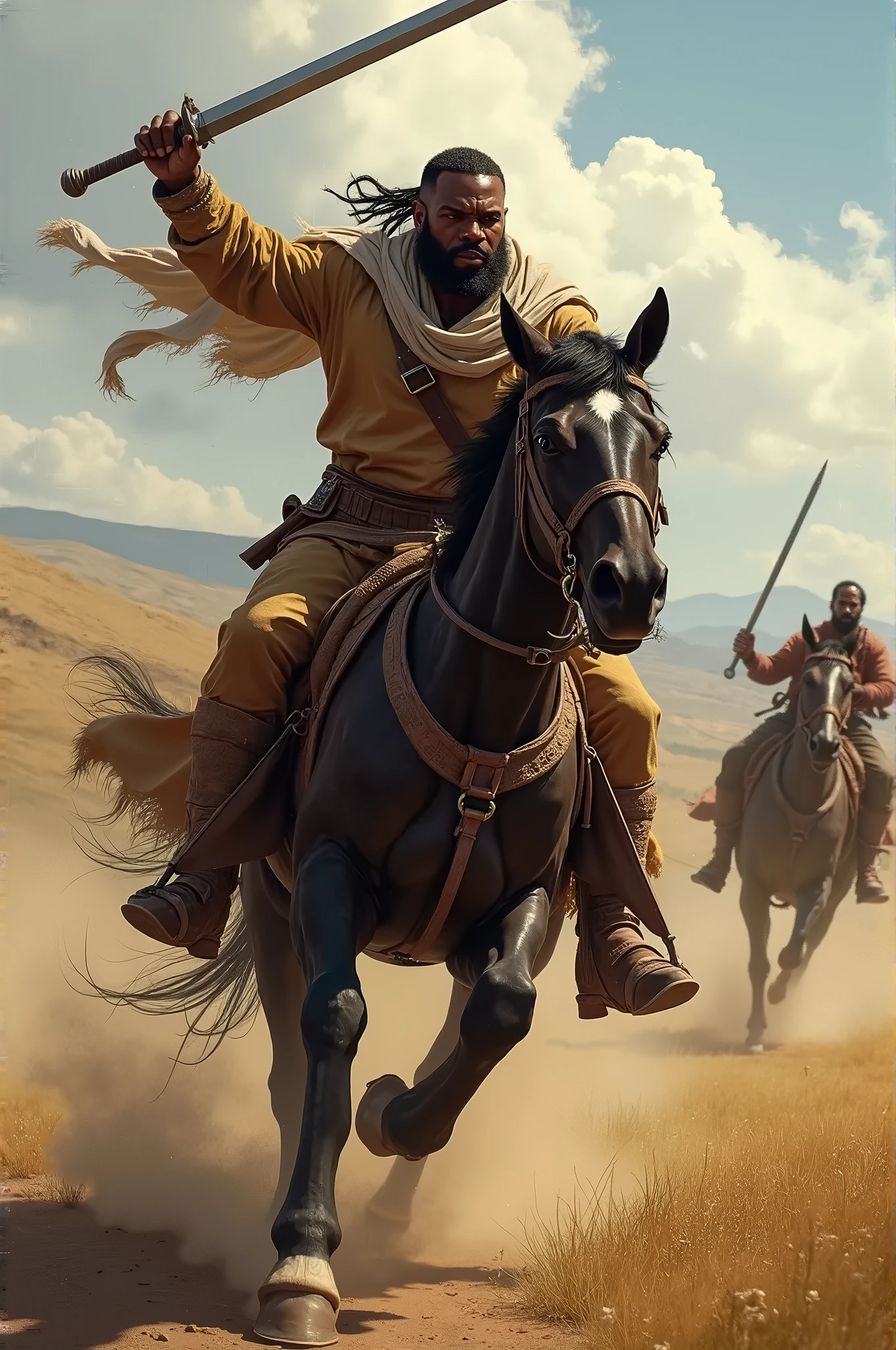 Animated image of a Muslim man with an arrow stuck in the back of his neck and feeling pain while riding a horse during battle