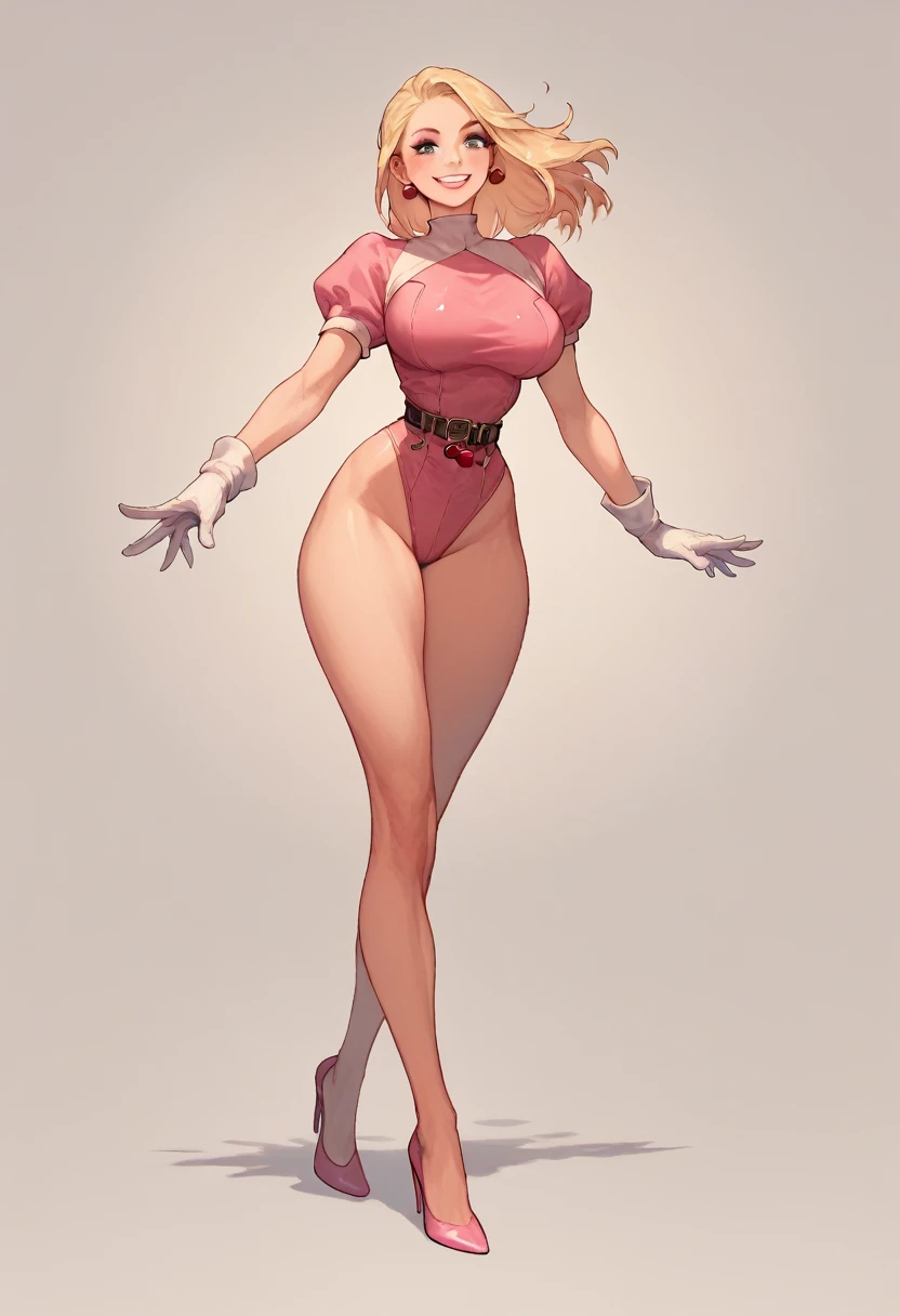 Curvy body, big breasts, thin waist, blonde, cherry leotard, pink leotard, white gloves, belt waist, pink high heels, dynamic pose, smile, makeup, on the floor