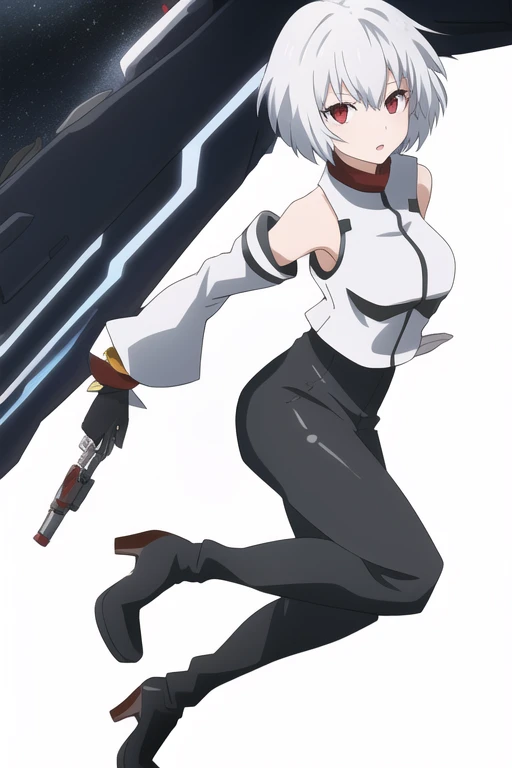 1girl, solo, black sleeveless shirt, white gloves, Wide Leg Faux Leather Pant, black heel boots, white hair, short hair