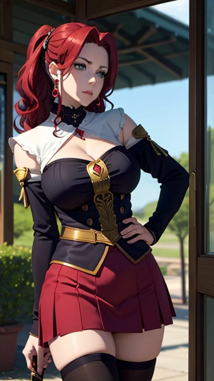 (masterpiece, Better quality: 1.4), backwards, looking at sword, mocking face, malty melromarc, Red hair, wide, green eyes, tight underwear, big breasts, hair ornament, red gem earrings, jewelry, assassin, tight and short skirt, in front of the institute, all-girls school, super tight neckline, big breasts, huge breasts, giant breasts, giant breastscos, breasts bigger than her head,  bigger than his head.