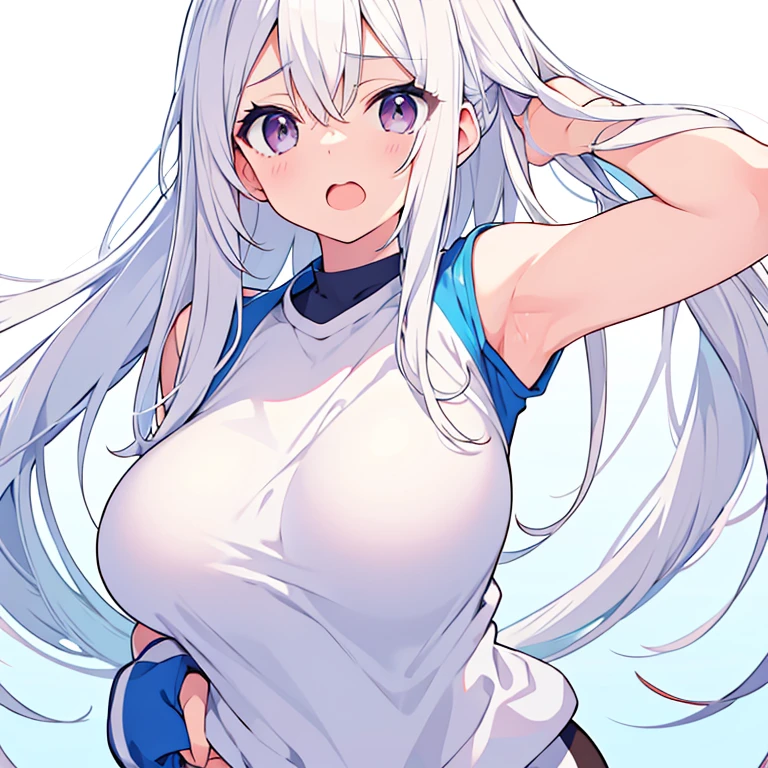 Sportswear、Large Breasts、Mouth open、Pure white background、tachi-e、Standing still、Hands behind back、Long white hair