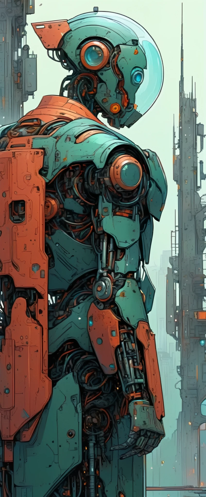 High quality 4k hd flat color drawing by moebius close up a giant robot looking at a bird stopped on its hand , (Clear glass helmet ),
The robot is old with moss on its rusty armor,
Evening, , dramatic lighting , gradient
    pop surrealism , 
[(details:1.2): [ (many small details:1.3) : [ (many ultrasmall details: 1.2):(Highly detailed ultra-small edges and micro-relief.:1.5):0.7 ]: 0.4 ] :0.2]
 