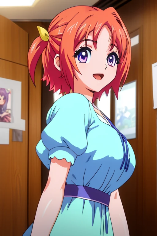 beautiful detailed eyes, beautiful detailed lips, Extremely detailed eyes and face, long eyelashes, 1 girl, anime girl, young woman, beautiful woman, short red hair, big breasts, bitten eyes, happy, smiling, Open mouth, slim body, standing, Dancing, ropa interior rosa, background of a room, (Better quality, 4k, 8K, High resolution, masterpiece: 1.2) anime style, Style 2d, ultra detailed, bright colors, professional