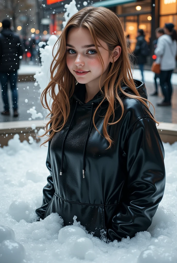 Capture an award-winning, high-quality photograph. A soaked 18 years old girlgirl wearing a black sweatshirts and sweatshirts is relaxing in a public fountain filled with soft, luxurious liquid foam, with her hair also covered in bubbles. She is part of a foam party and is smiling happy and satisfied. Who cares that her clothes are totally wet. Wet hair


