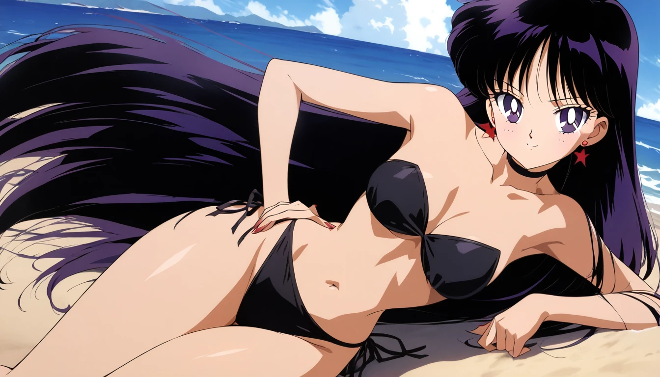 torso shot, cowboy shot, 1girl goth solo seductive black haired woman in a black bikini posing in a pool, sfw perfect body, pale skin, toned, gorgeous bikini model, big breasts, playboy centerfold, blushing, HNKstyle, 80's anime,
