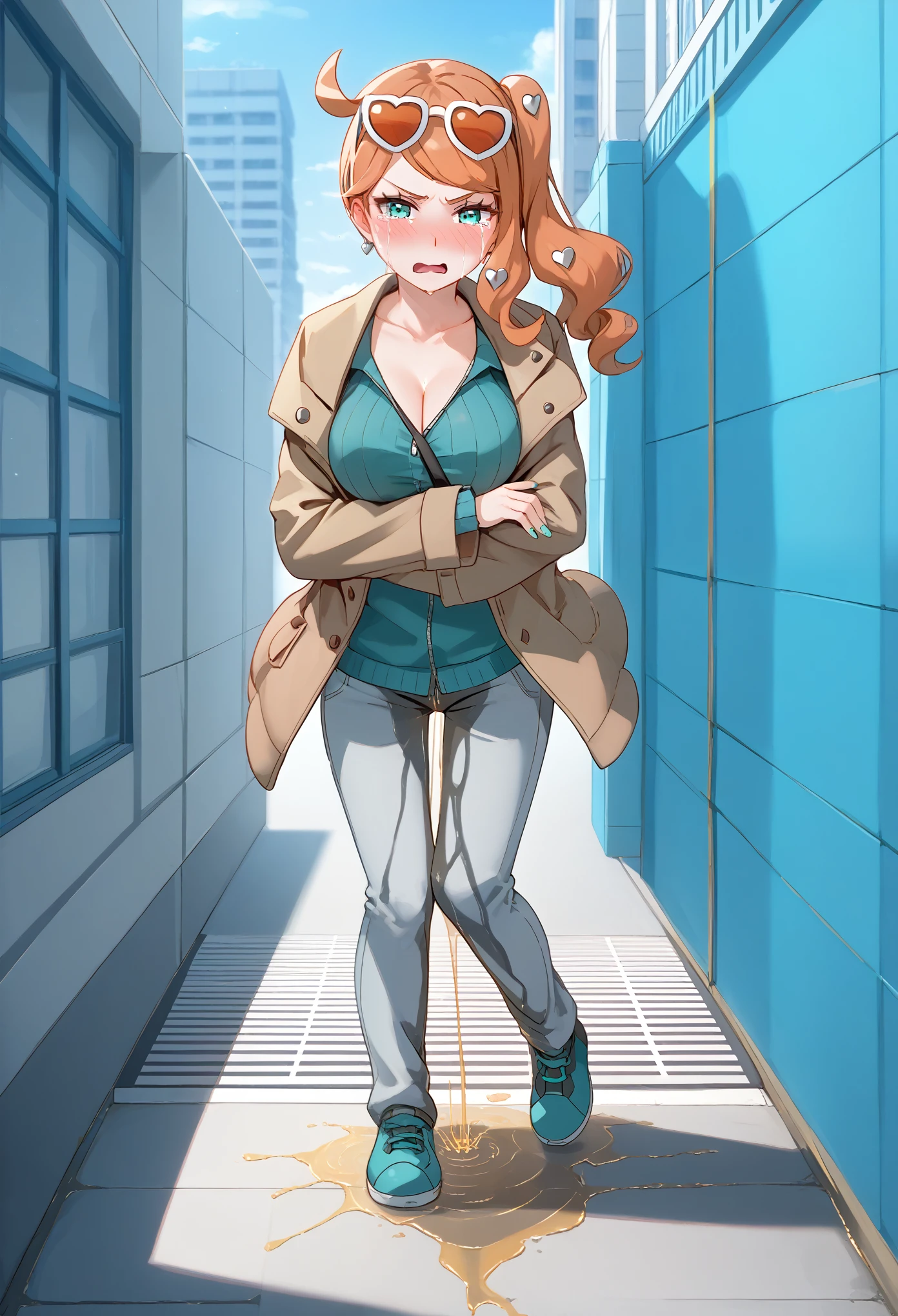 pokemonsonia, 1girl, huge breasts, A detailed portrait of a young woman with beautiful aqua eyes, orange hair, gray pants, heart, heart hair ornament, long hair, long sleeves, side ponytail, swept bangs, aqua footwear, aqua nails, aqua shirt, brown coat, brown jacket, coat, collarbone, eyewear on head, jacket, long sleeves, orange-tinted eyewear, pants, ribbed shirt, shirt, sunglasses, tinted eyewear, (1girl, detailed eyes, extremely detailed face), beautiful detailed eyes, extremely detailed eyes and face, long eyelashes, (wetting self:2.0), embarrassed, humiliation (blushing:2.0), (angry:1.5), open mouth (standing:1.5), facing viewer, (arms crossed:1.5), full body, outdoors, city, (science fiction:1.5), day, daytime, (best quality, 4k, 8k, highres, masterpiece:1.2), ultra-detailed, HDR, UHD, studio lighting, ultra-fine painting, sharp focus, physically-based rendering, extreme detail description, professional, vivid colors, bokeh, portrait