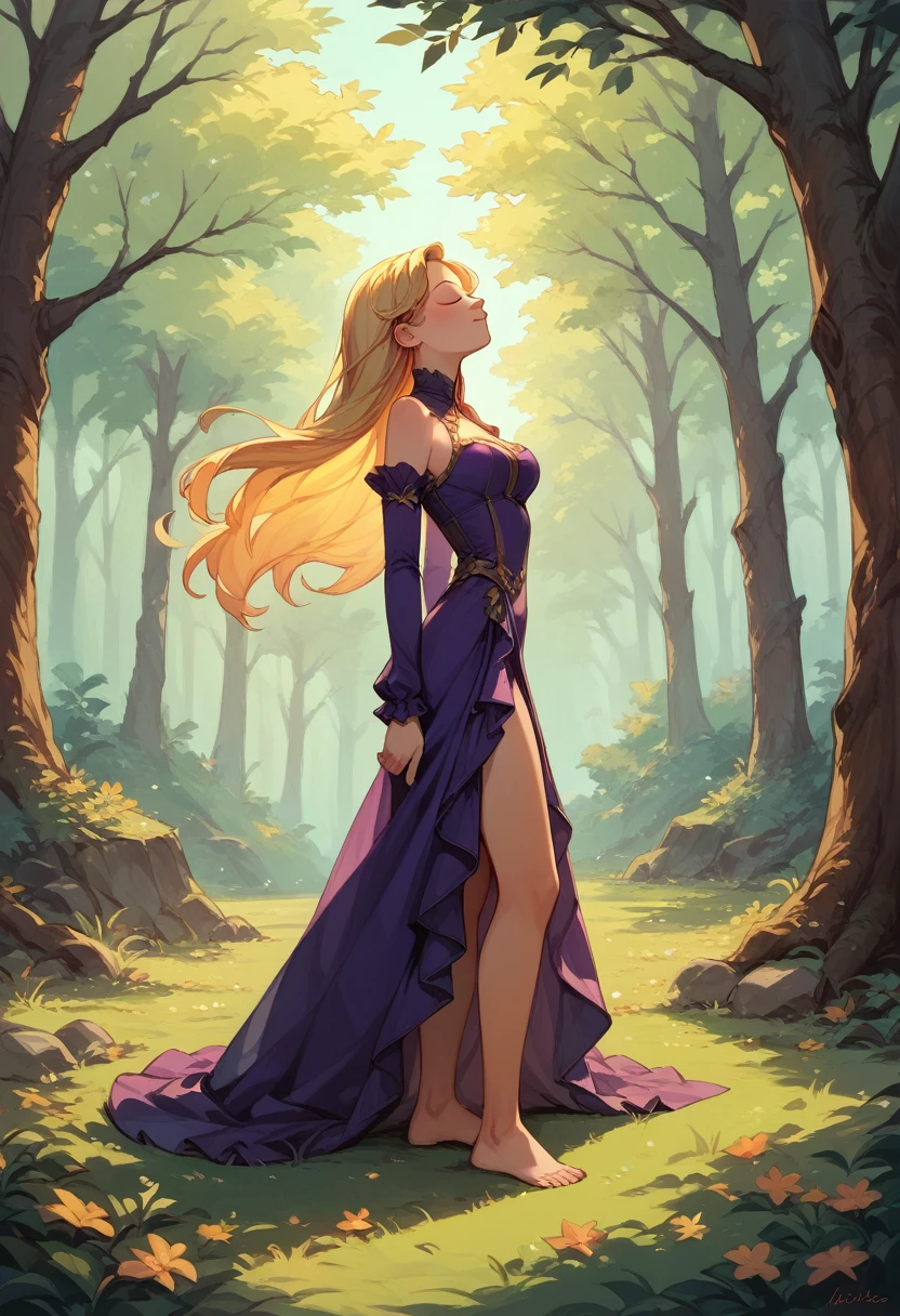 1girl, eternal long gold hair, super long hair, closed eyes, holding up gold grown, woods background, short purple dress, short, ruffled sleeves, barefoot