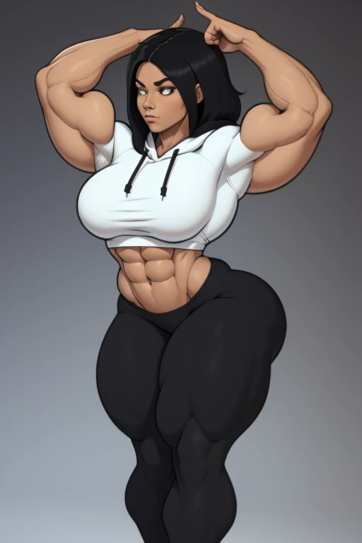 (((only one woman on picture,))) fullbody view, flat graphic style, sketchy simplified picture, flat minimalistic style, 20 yo tall woman, extremely attractive, straight black hair, short hoodie top, tight yoga pants, perfect sixpack abs, strong well defined muscle, ultra massive female bodybuilder, perfect and flawless musculature, great muscle definition, very muscular buff