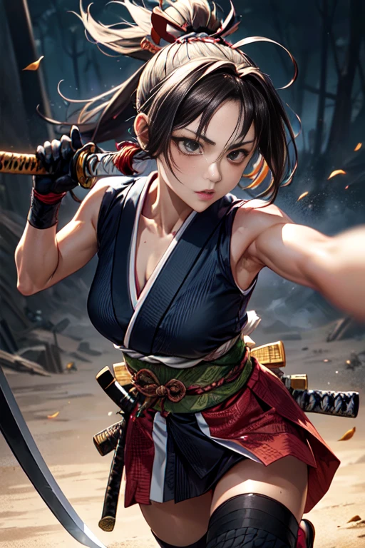 One girl, samurai,Japanese sword,anime,Anatomically correct, A series of character actions, ninja,ponytail, masterpiece, Textured skin, Action Painting, Heavy makeup, Brown Skin,Perfect Face,Perfect Eyes,Hairbands