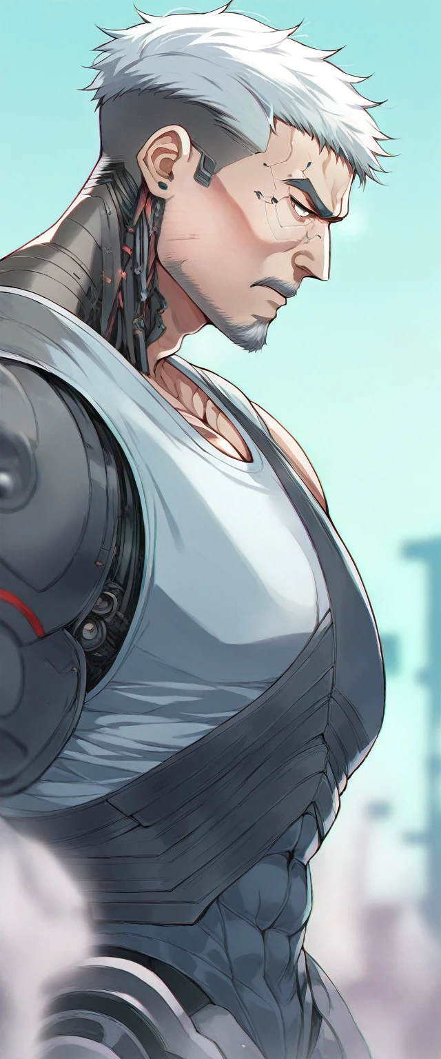 Muscular man, serious guy, male, gray hair, short beard, with cybernetic arm, Robotic arm, with robotic prosthesis, facial implants, wearing comfortable clothes, grey jeans, Grey tank top, t-shirt, shirt, tattoo on upper arm, with all the hair shaved, very short hair, full body, cyberpunk, Dark cyberpunk, Futuristic., UHD, Masterpiece, Anatomically correct, textured skin, Super detail, high details, high quality, best quality, highres, HD, 16K