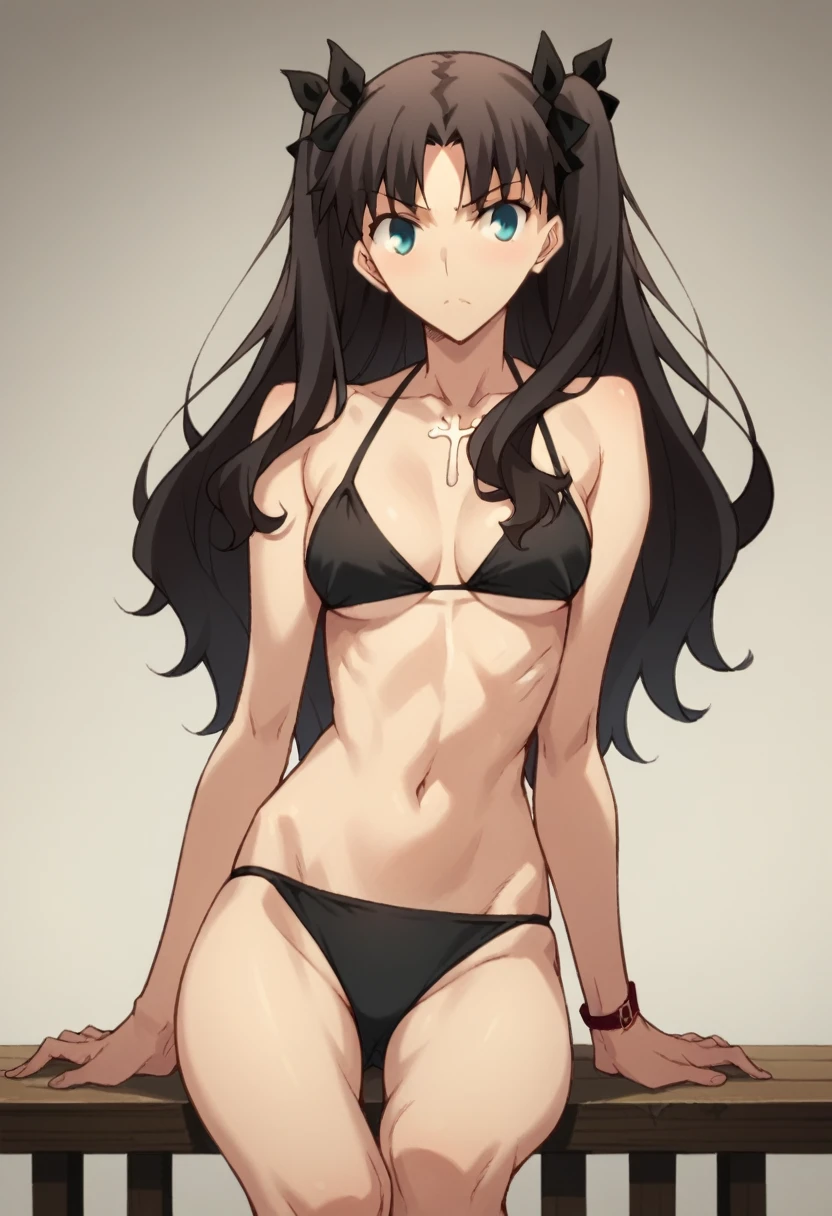 YorForger, 1girl, black hair, red eyes, short hair with long locks, white hairband, full body, bikini, clenched teeth, nosebleed, smile, grin, light smile, annoyed, frown, endured face, ahegao, torogao, naughty, happy, saliva trail, upper teeth, long tongue, from below, highres, best quality, high quality, super detail, high details, anatomically correct, masterpiece, 4K
