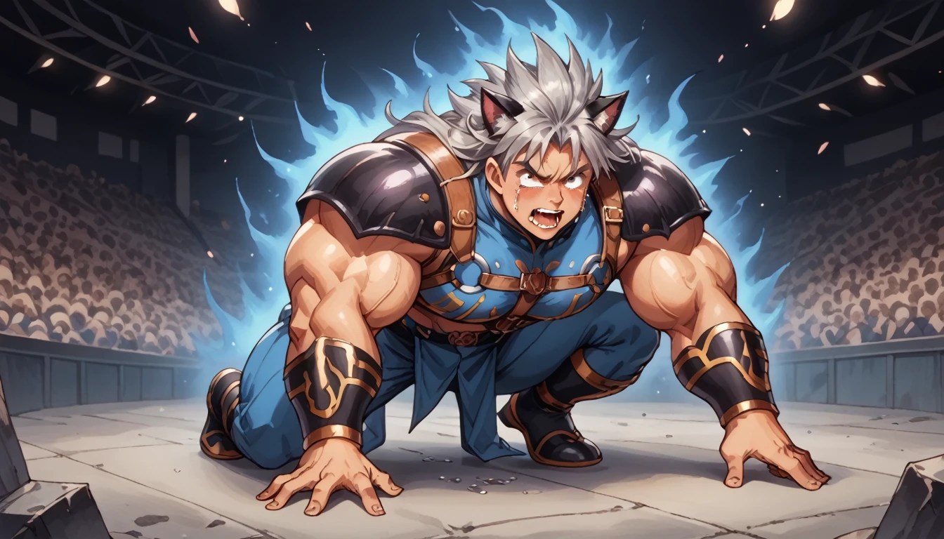 Toei animation style,full body,(((Huge muscles))),Confront the enemy,Hyunckel,Handsome,good looking,Crying face,Silver Hair,,8k,High definition,Masterpiece,Detailed Description,Spiked Hair,tall,Sticking out tongue,Spider Suit,Devilish Wings,Cat ears,Partially torn armor,Open your mouth wide,Unfocused eyes,A black tattoo under the eye,(((Shiny and shiny,Long Hair,full body))),Surrounded by an aura of black flames,My whole body is wet,The devil takes over the body,Devil Boy Crowd,Harness,Imminent sexual activity,Black bones burst out of my body.,(((Writhing in pain on all fours))),(((孫悟空とHyunckel:1.8))),Blue Armor,megaman,Purple mist aura,Blue coat of arms,Jagged, sharp fangs,