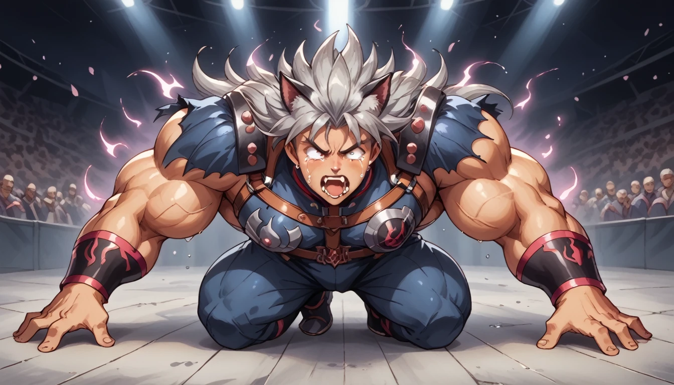 Toei animation style,full body,(((Huge muscles))),Confront the enemy,Hyunckel,Handsome,good looking,Crying face,Silver Hair,,8k,High definition,Masterpiece,Detailed Description,Spiked Hair,tall,Sticking out tongue,Spider Suit,Devilish Wings,Cat ears,Partially torn armor,Open your mouth wide,Unfocused eyes,A black tattoo under the eye,(((Shiny and shiny,Long Hair,full body))),Surrounded by an aura of black flames,My whole body is wet,The devil takes over the body,Devil Boy Crowd,Harness,Imminent sexual activity,Black bones burst out of my body.,(((Writhing in pain on all fours))),(((孫悟空とHyunckel:1.8))),Blue Armor,megaman,Purple mist aura,Blue coat of arms,Jagged, sharp fangs,