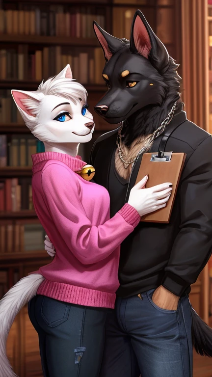 male, thin body, feminine, furry , anthro, kitten , young, femboy, torn clothing , scifi,  lewd face, blushing, clear clothing , kissing nude girl, holding partner, groping, short messy hair, green eyes, in library,pinned to table super detail, masterpiece, super detail, high quality, high resolution, high detail