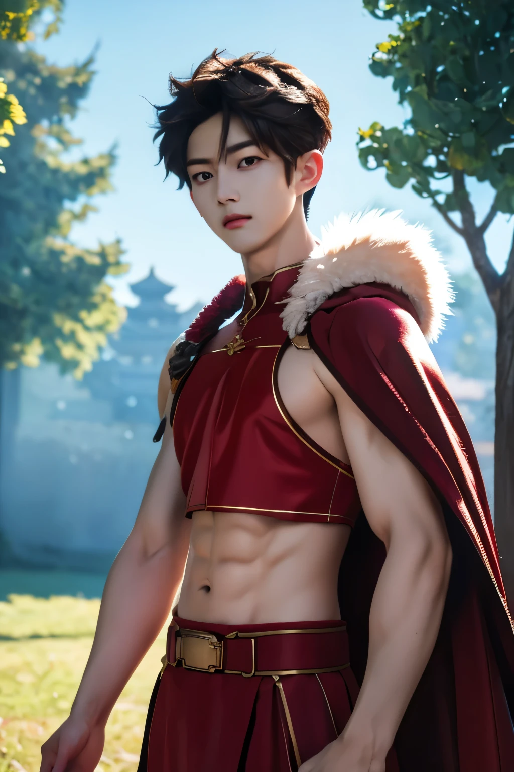 alexanderfgo, 1boy, masterpiece, realistic, absurdres, RAW photo, best quality, high resolution, ulzzang boy, chinese boy, very very handsome, perfect face, cute face, intricate detail, clear and beautiful detailed eyes, fur-trimmed cape, crop top, young, muscular, slim muscular, handsome muscle, abs, detailed skin, male focus, fighting, Correct anatomy, looking at camera, battlefield, detailed highlights and shadows, Cinematic Lighting, soft light, full-body shot, front view, Professional photography, exquisite detailing, 8K UHD,